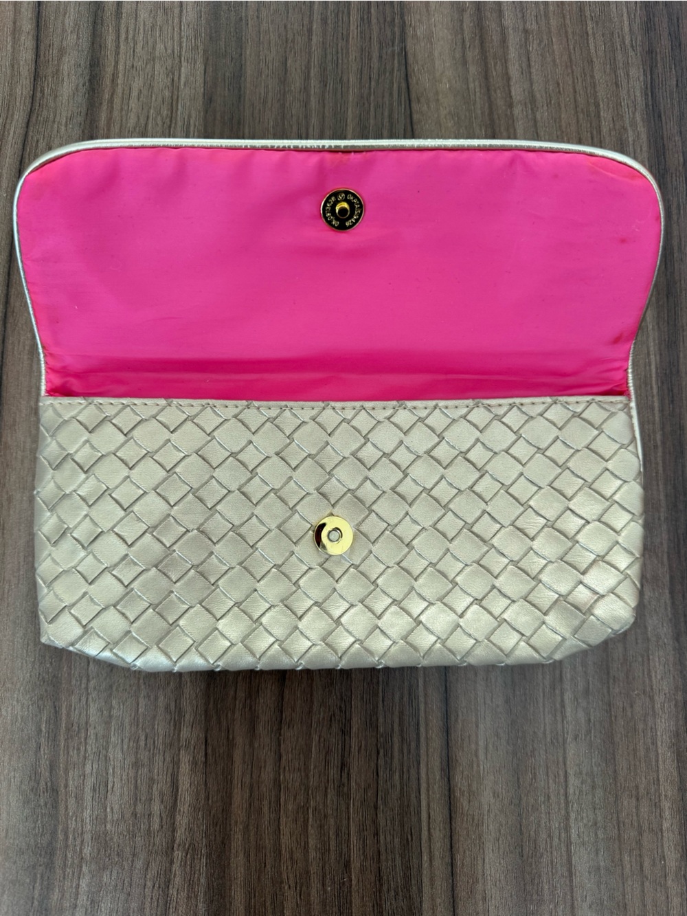 Woven Metallic Clutch with Pink Interior